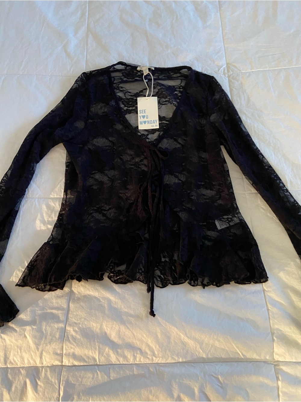 🖤 Sheer Lace Tie-Front Ruffle Top🖤 - Picture 10 of 16